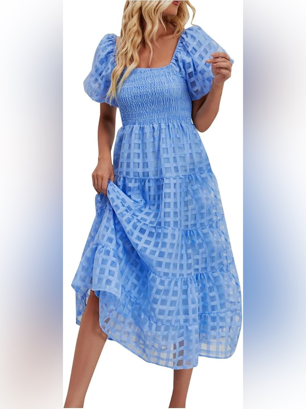 NWT PrettyGarden Light Blue Organza Gridded Smocked Maxi Dress, size L